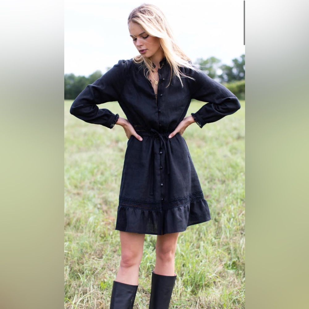 Emerson Fry -Frances Mini Dress - Black Linen - Size S - Brand New with Tags